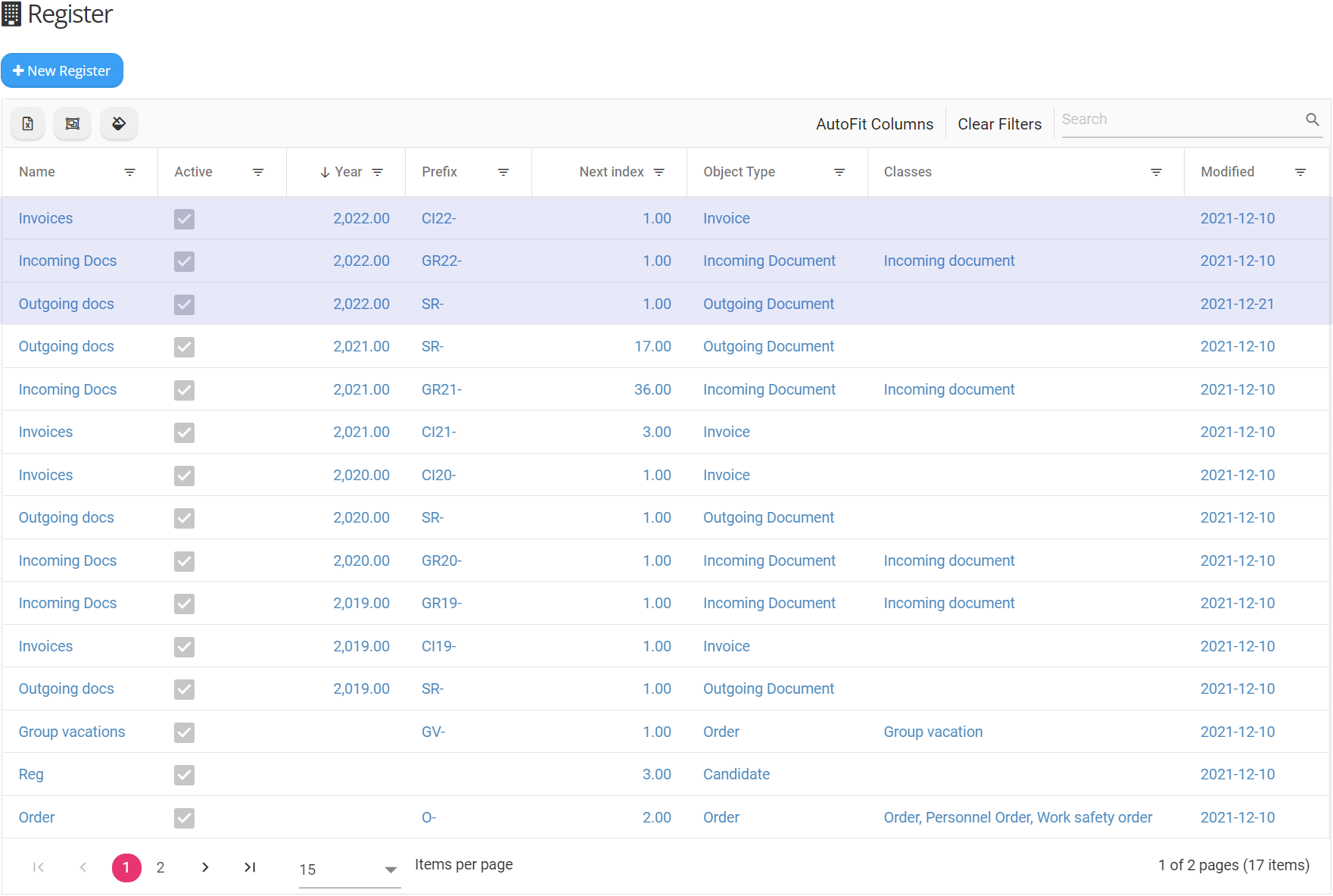 Figure 5. Example Register list after update.